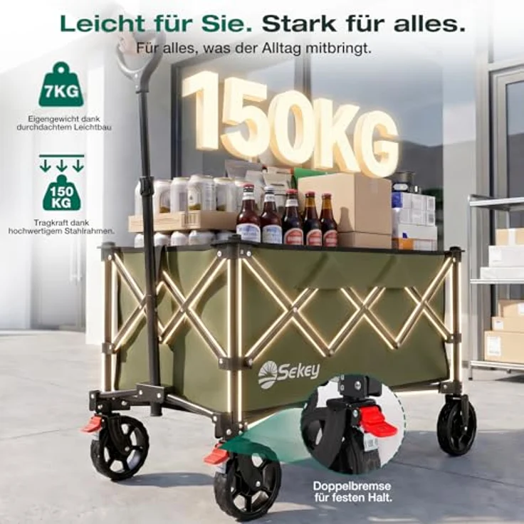 Sekey Bollerwagen XXL 4026, Faltbar mit 135L Volumen, 150KG Belastbarkeit, Klappbarer Transportwagen mit Geländereifen und Bremse, Olivgrün – Bild 5