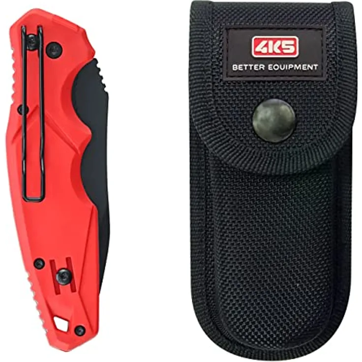 4K5 Tools Arbeitsmesser TK 100 (Klingenlänge 81 mm, DropPoint Knife 600.100A Klappmesser mit Holster Rot, Schwarz)