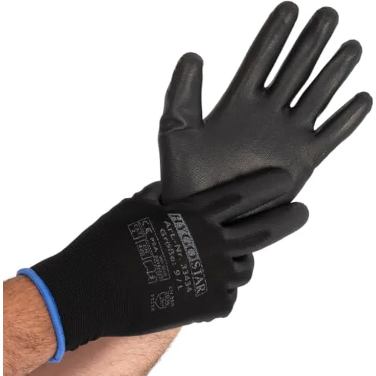 FRANZ MENSCH 12 Stück Hygostar Feinstrickhandschuhe Black Ace Touch | PU-Beschichtung, Packung, schwarz, 9/L, L: 25cm