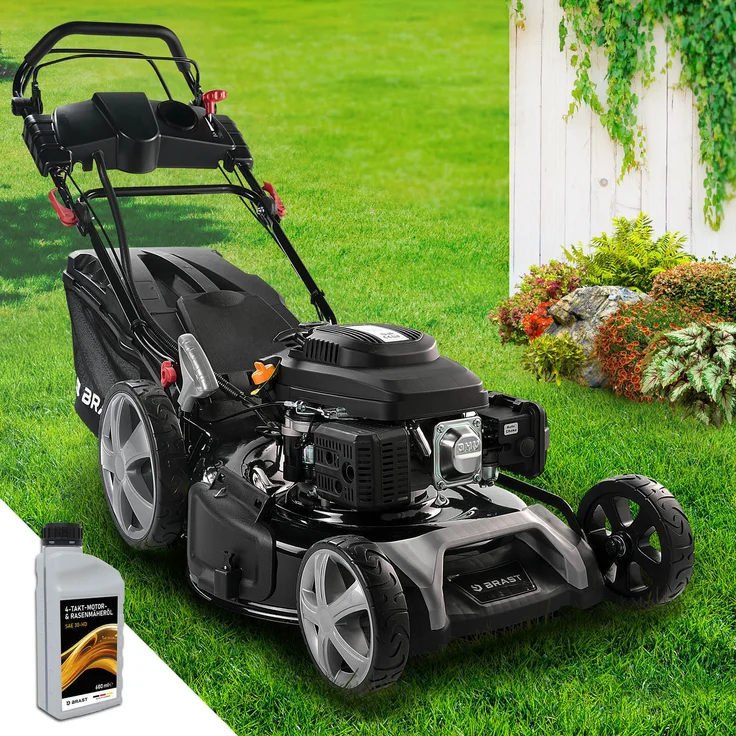Brast Benzin Rasenmäher mit Antrieb 5,2kW 55cm Schnittbreite Elektrostart 60L Fangkorb Stahlgehäuse ESTART - 4 Takt OHV Motor (Schwarz)