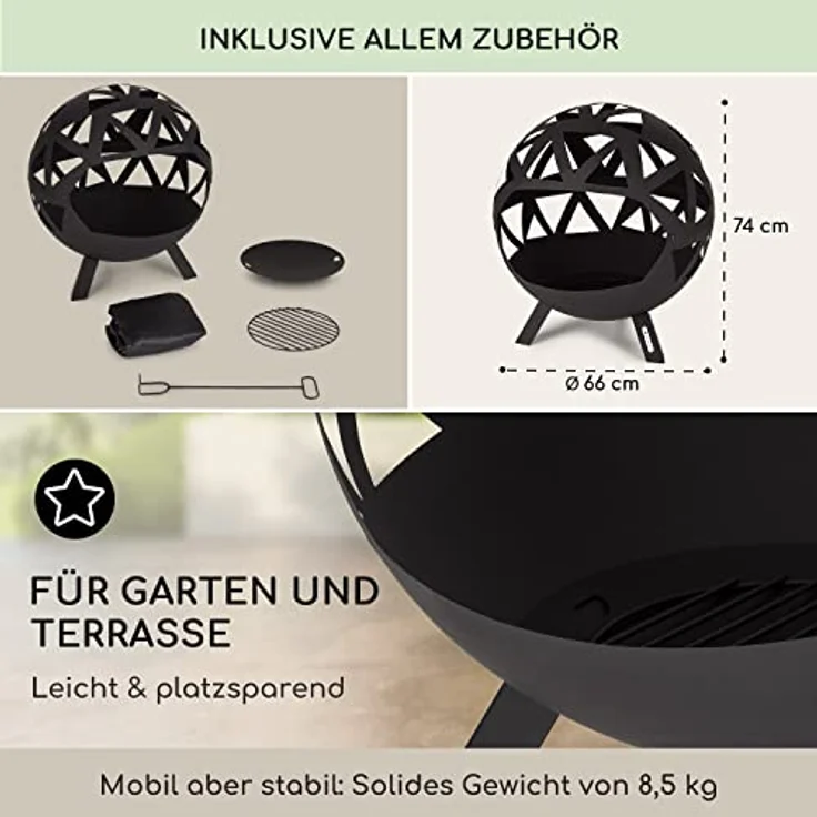 Blumfeldt Feuerschale 68 cm, Robuste Outdoor Stahl-Feuerschale mit Standfuß, Wetterfest und mobil für Balkon & Camping, Runde Feuerstelle – Bild 4