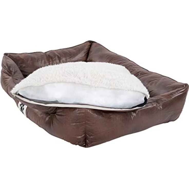 M&L Handel DeluxePet 'Schlummer' Hundebett braun 80x60 aus Kunstleder mit 2in1 Wendekissen, Hundekissen für große Hunde mit Einer Fell und Leder Seite, Seiten weich gepolstert, Anti-Rutsch Rückseite – Bild 4