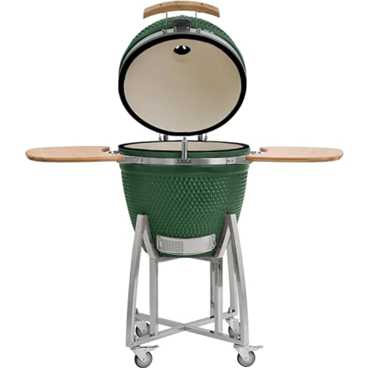 BBQ-Toro Kamado Grill Ø 52 cm "KURO", Grün | Holzkohlegrill mit Bambusablage, Thermometer, Holzgriff, Rollen | Keramikgrill Kamado, Keramik Grill mit Aktivbelüftung, Grill mit Ablage – Bild 5