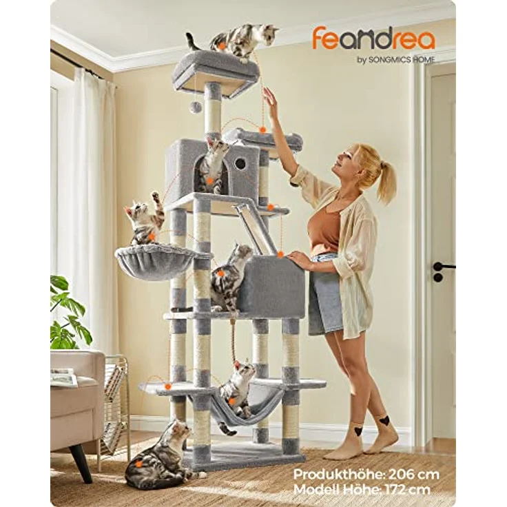 Feandrea Kratzbaum groß, 206 cm hoch, XXL Katzenbaum, mit 13 Kratzsäulen, 2 Plattformen, 2 Höhlen, Korb, Hängematte, Plüschbälle, mehrstöckiger Katzenkratzbaum, hellgrau PCT190W01 – Bild 2