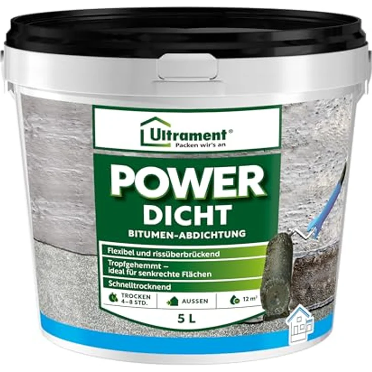 Ultrament Power Dicht 5 l, flexible Polymer-Bitumen-Abdichtung, tropfhemmend und schnelltrocknend für Sockel, Fundament & Dach – Bild 1