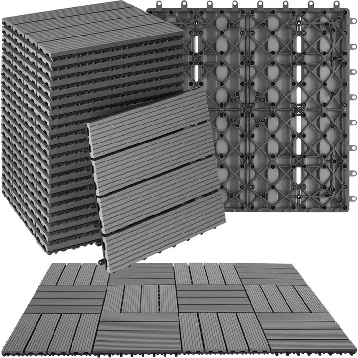 tectake Terrassenfliesen Tegulas, 22-teiliges Fliesenset im Klicksystem, 2,1142 m², Holzdesign, rutschfest, wetterfest