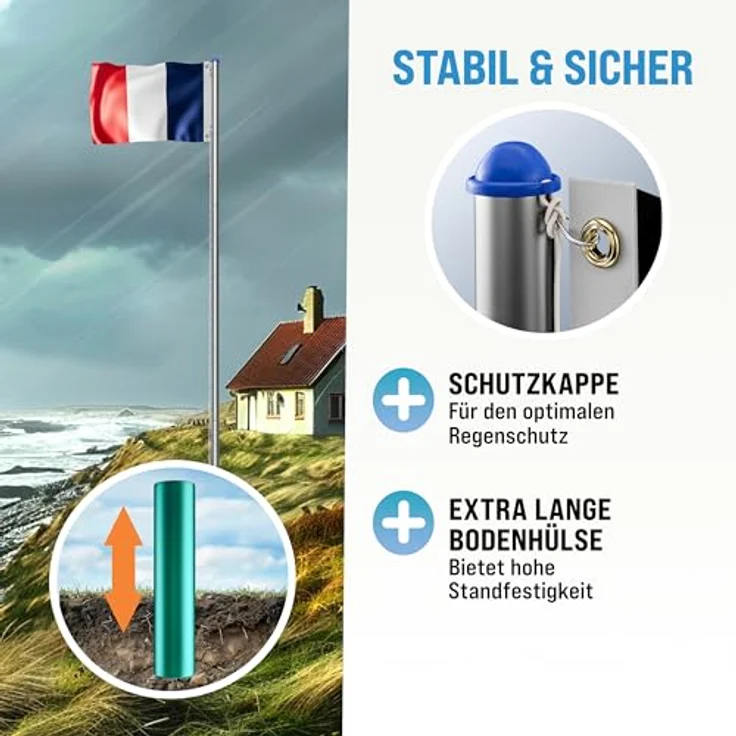 monzana Aluminium Fahnenmast 6,50m, Teleskop mit Seilzug und Flagge 150x90cm, wetterfest, inkl. Bodenhülse und Schutzkappe – Bild 4
