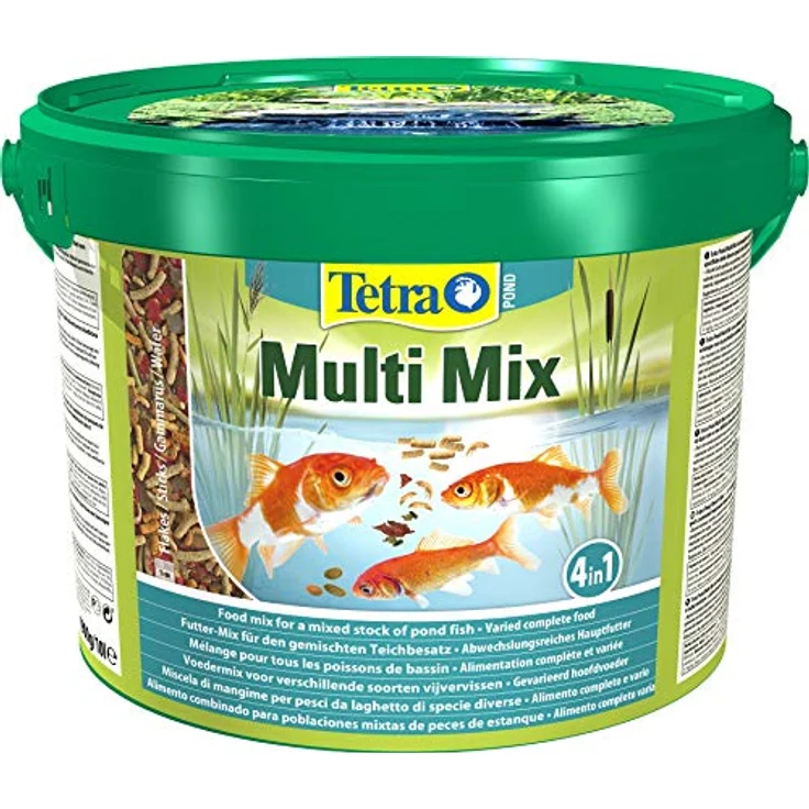 Tetra Pond Multi Mix – Fischfutter für verschiedene Teichfische mit vier Futtersorten (Flockenfutter, Futtersticks, Gammarus, Wafer), 10 L Eimer – Bild 1