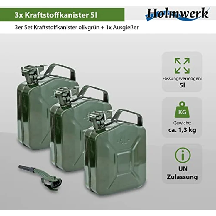 Holmwerk 3x Kraftstoffkanister, Metallkanister mit UN-Zulassung, 5 Liter, Olivgrün RAL6003, auslaufsicherer Jerrycan-Verschluss – Bild 2