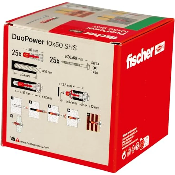 fischer DUOPOWER 10 x 50 S, Universaldübel mit Sicherheitsschraube, 2-Komponenten-Dübel für Beton, Ziegel, Stein und Gipskarton, 25 Dübel + 25 Schrauben – Bild 4