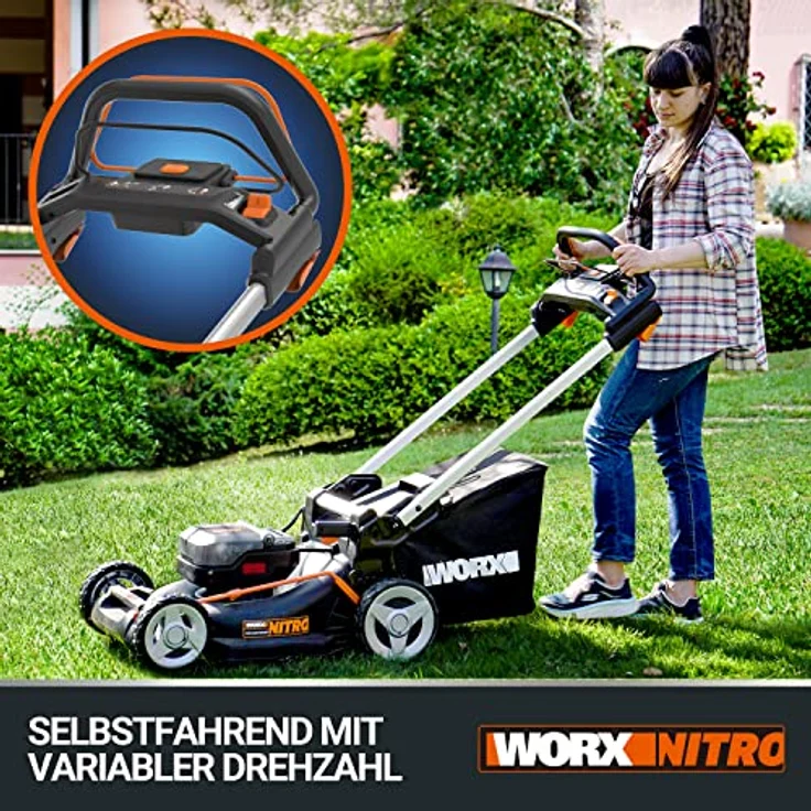 WORX WG749E Akku Rasenmäher 40V (2x20V) PowerShare, Radantrieb, Kraftvoller Bürstenloser Motor, 46cm Schnittbreite, 7 Schnitthöhen inkl. Akku und Ladegerät, Schwarz – Bild 5