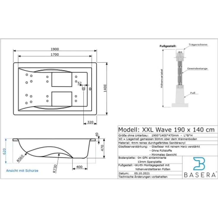 BASERA® Indoor Whirlpool Badewanne XXL Wave, 2 Personen, 190 x 140 cm, Hochglanz weiß, mit LED-Farblichtambiente und 16 Massagedüsen – Bild 6