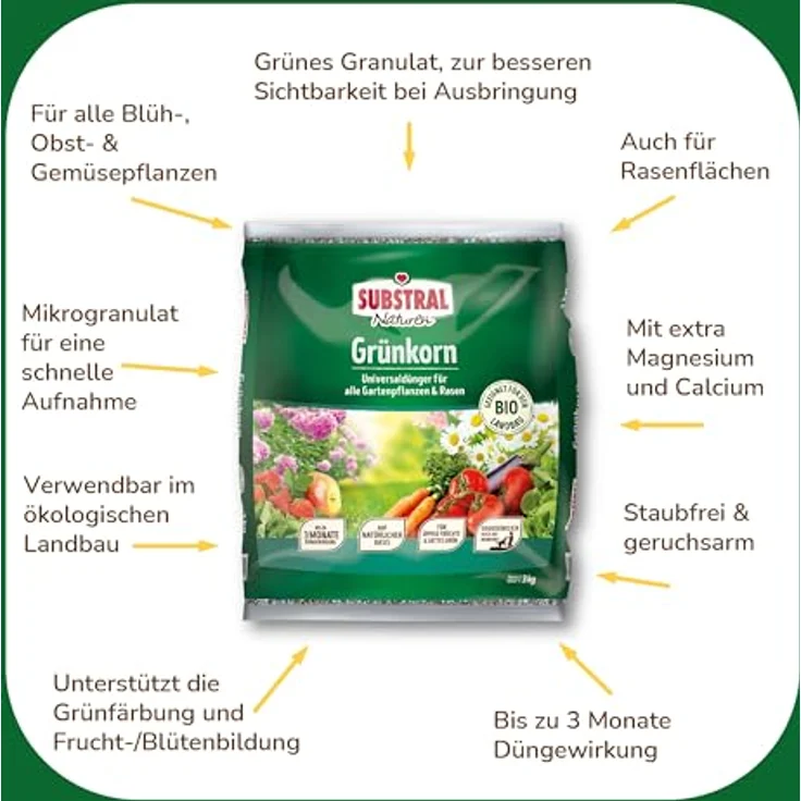 Substral Naturen Grünkorn, 3kg Bio Universal Gartendünger für Blüh-, Obst-, Gemüsepflanzen und Rasenflächen, langanhaltende Nährstofffreisetzung mit innovativer Grünfärbung – Bild 4