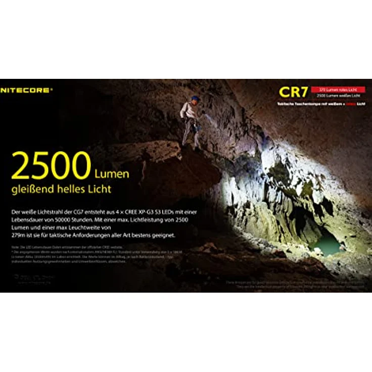 Nitecore Chameleon CR7 Jagdlampe, 2500 Lumen Weißlicht, 540 Lumen Rotlicht, LED Taschenlampe, 280 m Leuchtweite, schwarz – Bild 5