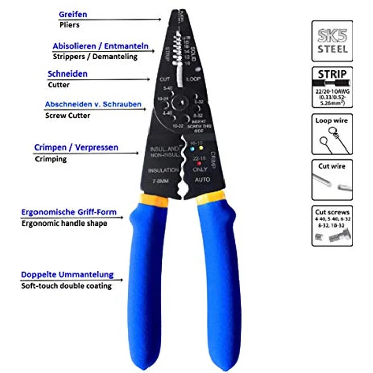 S&R Multi-Tool Kabel-Abisolierer, Cutter, Crimper 210 mm mit Ergo-Griff, Crimpzange Abisolierwerkzeug, Entmanteler, Kabelwerkzeug für 10-22AWG – Bild 2