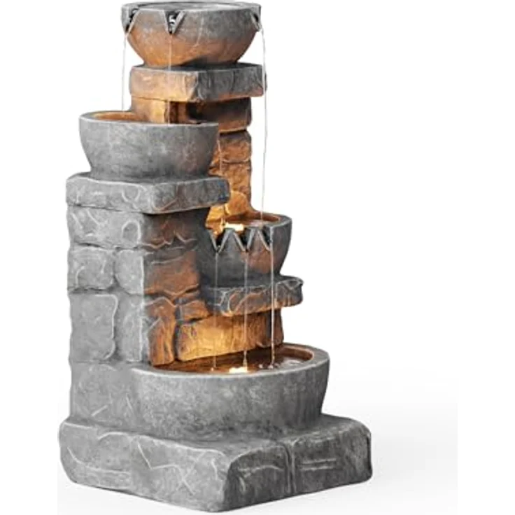 Teamson Home Gartenbrunnen Cascading Bowls, dreistufiges Wasserspiel mit LED-Leuchten, naturgetreue Steinoptik, 39,4 cm L x 38,7 cm B x 84,5 cm H – Bild 8