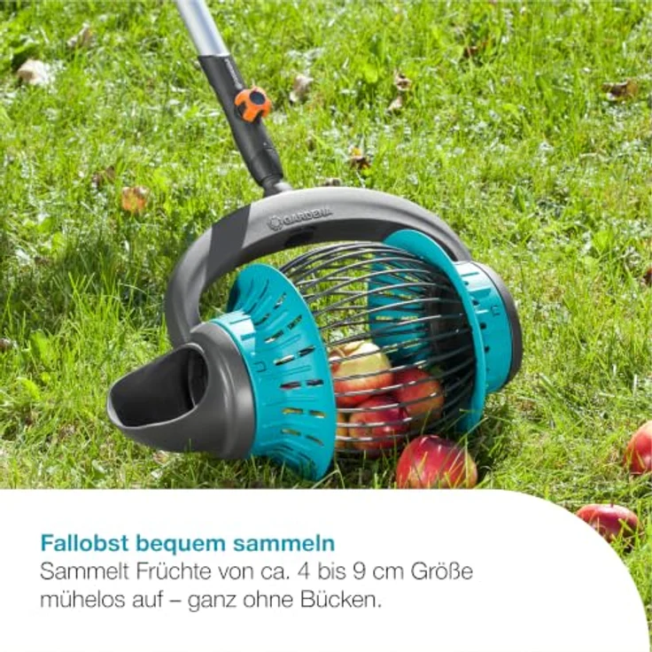 Gardena combisystem-Rollsammler, Obstsammler mit flexiblen Kunststoffstreben für Früchte von 4-9 cm Durchmesser, seitlicher Entleeröffnung und Schaufelfunktion – Bild 2