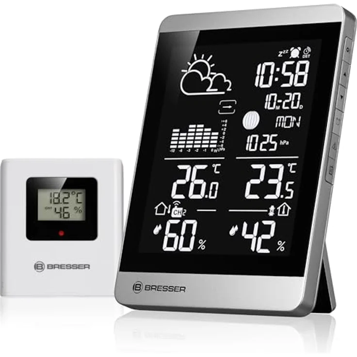 Bresser Funk-Wetterstation ClimateTemp NDV-NEO, Silber-Schwarz, mit Außensensor und Wettervorhersage, Temperatur- und Luftfeuchtigkeitsmessung – Bild 1