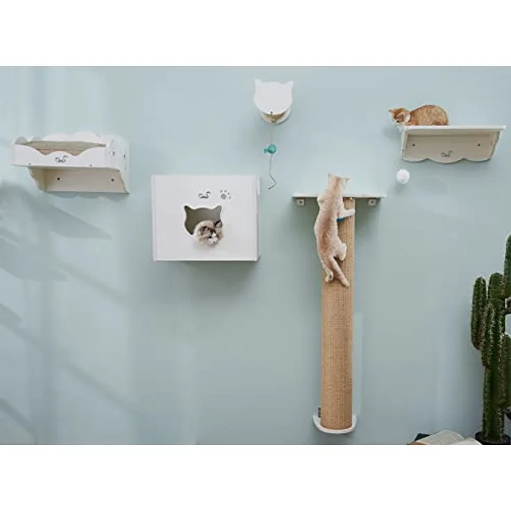 CatS Design Katzen Kletterwand Set XXL große Katzen stabil-Wandkratzbaum-Wandliege-Wandbett-Kletterstufen-Wandhöhle-Wand Kratzsäule-Wandelemente-5 Teilig Holz Wandpark T3