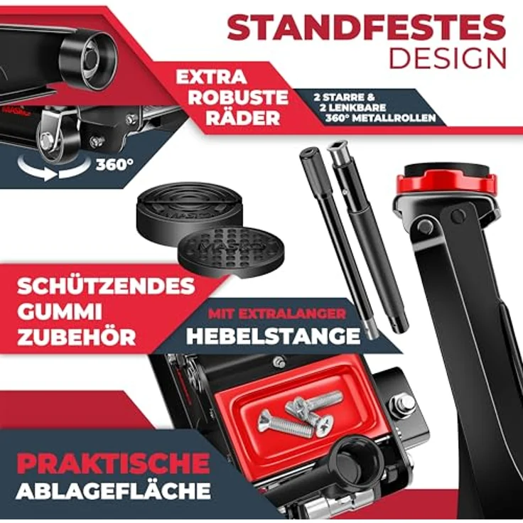 Masko Wagenheber hydraulisch mit flacher Hubhöhe, 2x Gummiauflage, Handschuhe - 3 Tonnen, schwarz – Bild 4
