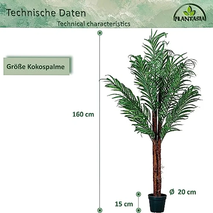 PLANTASIA Kunstpflanze Kokos-Palme 160 cm, realistischer Kunstbaum mit Echtholzstamm – Bild 4
