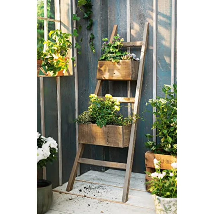 Pflanzleiter Rustikal aus recyceltem Holz, 110 cm hoch, mit 2 Pflanzkästen, Balkon & Gartendeko für Draußen, Blumenkasten, Hochbeet