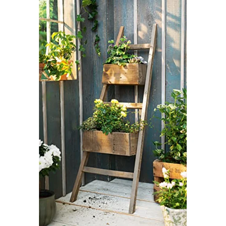 Pflanzleiter Rustikal aus recyceltem Holz, 110 cm hoch, mit 2 Pflanzkästen, Balkon & Gartendeko für Draußen, Blumenkasten, Hochbeet – Bild 1