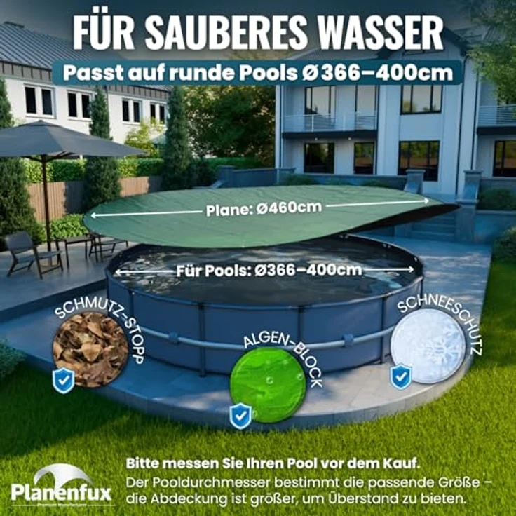 Planenfux® Pool-Abdeckplane rund 200g/m² PE Material, Grün, Ø 366 - 400 cm, inkl. Planenseil – Bild 2
