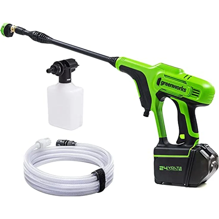 Greenworks Tools Akku-Druckreiniger G24PW (Li-Ion 24V 300 Watt Motorleistung 24 bar Druck 180 l/h Durchflussmenge 5-Fach Düse 6m Schlauch ohne Akku und Ladegerät) Green, Grey, Black – Bild 1