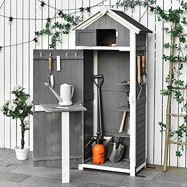Outsunny Gartenschrank Holz Gerätehaus mit Tür Dach Geräteschuppen mit Hacken Gartenlagerschrank Faltbarer Tisch Outdoor Grau 78 x 52,5 x 182 cm – Bild 2