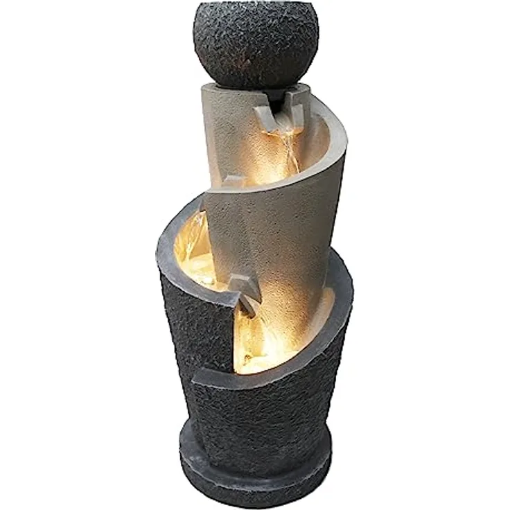 Arnusa Gartenbrunnen mit LED Beleuchtung 66 cm mit Dekobecken Springbrunnen Wasserspiel Zimmerbrunnen für Innen und Außen warmweiß, Grau, Beige