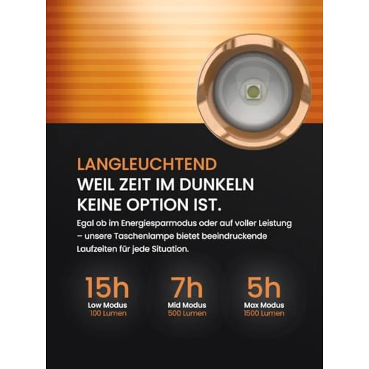 Duracell LED Taschenlampe DF1500R Pro, 1500 Lumen, fokussierbar, 145m Leuchtweite, USB-C wiederaufladbar, 21700 Li-Ion Akku, spritzwassergeschützt, inkl. Geschenkbox – Bild 4