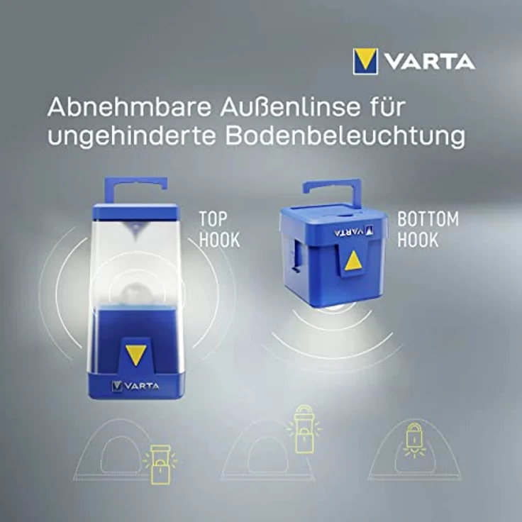 Varta Outdoor Ambiance Laterne L20, 400 Lumen, blau, spritzwassergeschützt, dimmbar, mit abnehmbarer Außenlinse, 6 Farbmodi – Bild 8