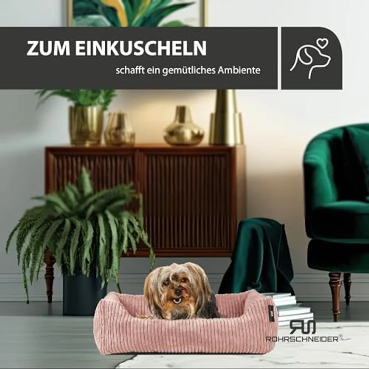 Rohrschneider Hundebett waschbar, Cordstoffbett für kleine und mittelgroße Hunde, 2 Größen (ca. 55x42 cm / ca. 70x50 cm), inkl. Gassibeutel in Powder rosa, wendbares Kissen mit Antirutschunterlage – Bild 5