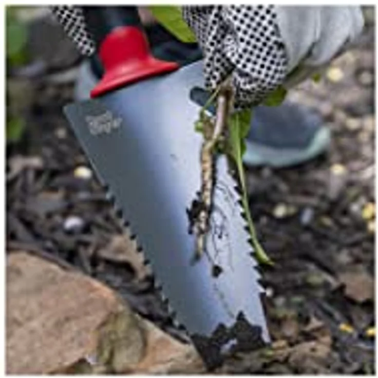 Root Slayer® Blumenkelle Radius Handschaufel, V Klinge mit Zähnen zum Wurzelschneiden, multifunktional aus Kohlenstoffstahl, mit Nylonholster, 32,5 cm – Bild 8