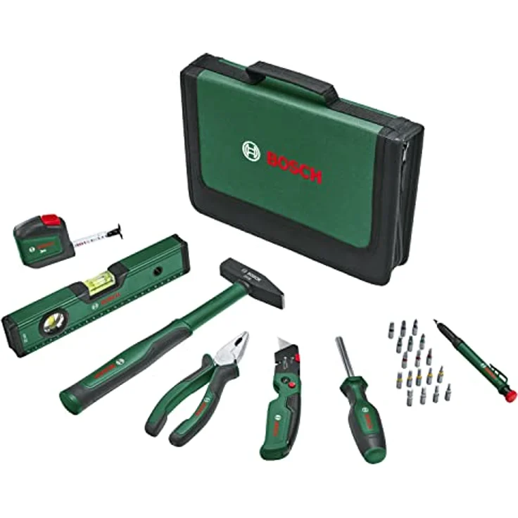 Bosch Universal-Handwerkzeug-Set, 25-teilig (vielseitiges Werkzeug-Set für allgemeine Arbeiten rund ums Haus; Klappmesser; Kombizange; Maßband; Wasserwaage und mehr) - Amazon Edition – Bild 1