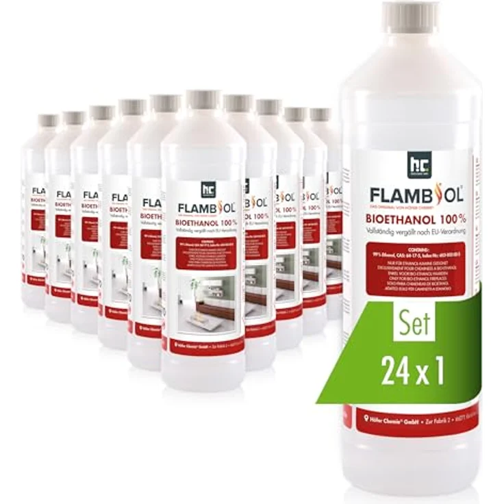 Höfer Chemie 24 L FLAMBIOL® Bioethanol 99,9% Premium (24 x 1 L) für Ethanol Kamin, Ethanol Feuerstelle, Ethanol Tischfeuer und Bioethanol Kamin – Bild 1