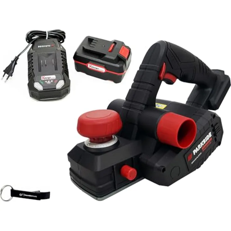 HEADNMORE® Bundle - PARKSIDE PERFORMANCE® 20V Akku Hobel PPHA 20, inkl. 4Ah Akku, bürstenloser Motor, 82 mm Hobelbreite, externer Spanabsaugungsanschluss, schwarzer Transportkoffer + Schlüsselanhänger