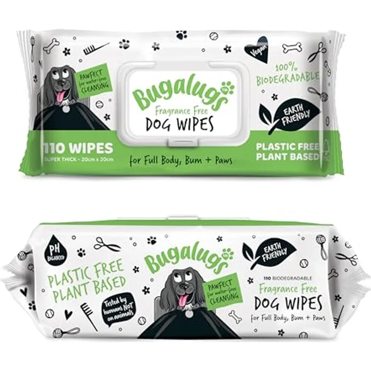 Bugalugs Fellpflege 110 Feuchttücher für Hunde, biologisch abbaubar, hypoallergen, sanfte Reinigungstücher für empfindliche Haut, 20 cm x 20 cm