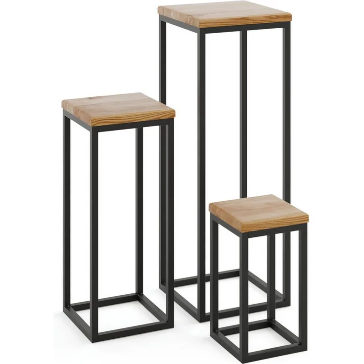 LAMO Manufaktur Blumenständer SET 30cm/50cm/70cm, Schwarz (3 St.) - Echtholz Massiv, Rustikale Platte