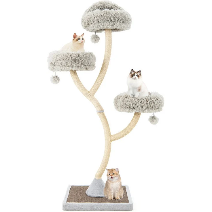 KOMFOTTEU Kratzbaum, 178 cm Katzenbaum mit 3 Liegeflächen, Beige/Grau, Sisalpfosten, Plüschkissen, klingelnder Ball