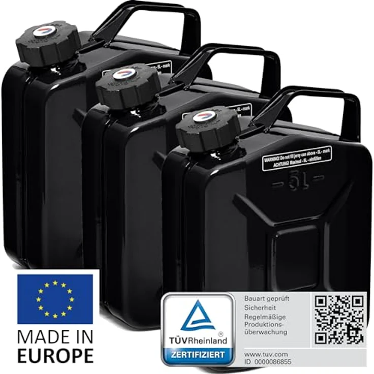 BW® Benzinkanister Metall 3x 5 Liter, Kraftstoffkanister Schwarz RAL 9005, TÜV-geprüft, UN-zugelassen, aus 0,8mm Stahl nach DIN 7274, Made in Europe – Bild 2