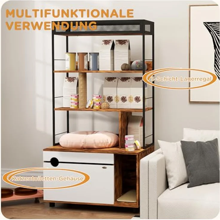 PawHut Tierhaus 2-in-1 mit 3-Ebenen-Regal, Kratzpfosten und Klapptür für Katzen bis 6 kg, Rustikal-Braun, 80 x 48 x 152 cm – Bild 4