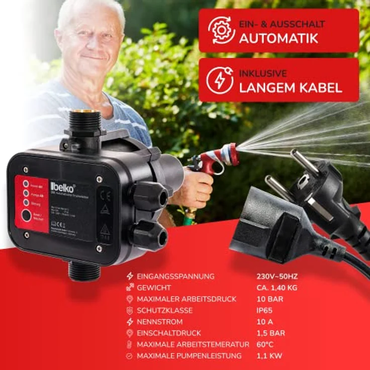 BELKO Druckwächter Druckschalter für Wasserpumpen, mit Kabel bis 10 Bar, Gartenbewässerung elektronische Pumpensteuerung Hauswasserwerk Trockenlaufschutz, IP65 - 10 bar - mit Kabel, in Grau – Bild 2