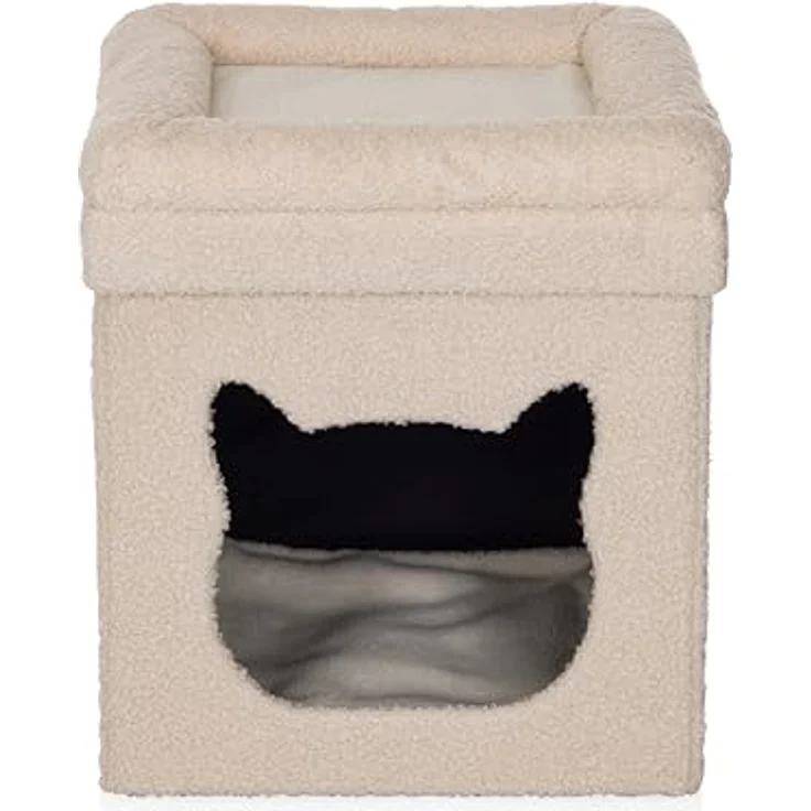 hjh LIVING Pawy Es Katzenbett + Hundebett, eckige Katzenhöhle mit Katzenkopfform, faltbares Design, Bouclé-Stoff, abnehmbares Teddy-Kissen – Bild 7