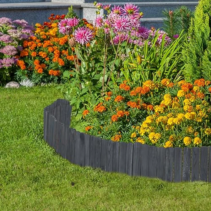 Relaxdays Beeteinfassung, flexibler Holz Beetzaun, 200 cm lang, anthrazit, Sichthöhe 25 cm – Bild 3