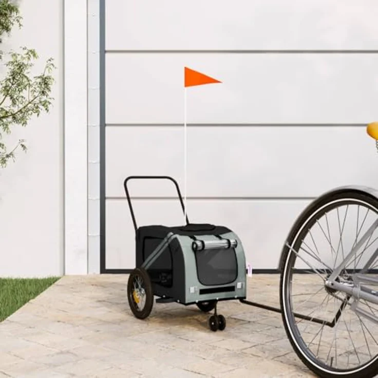 vidaXL Hunde-Transportbox Fahrradanhänger Hunde Grau und Schwarz Oxford-Gewebe und Eisen, mit PVC-Dach und Reflektoren - Preisvergleich – Bild 2