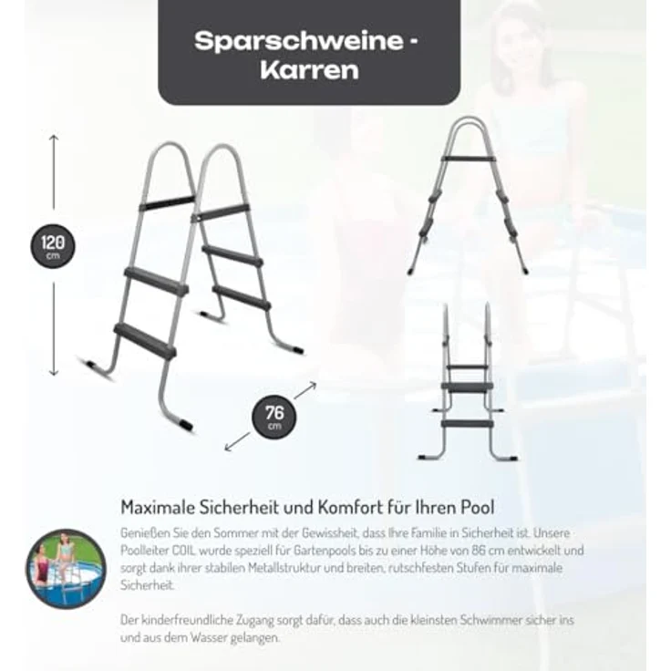COIL Pooltreppe Metall, Sicherheitsleiter für Gartenpools, Gesamthöhe 120 cm, Max. Beckenhöhe 84 cm, 2 Stufen – Bild 2