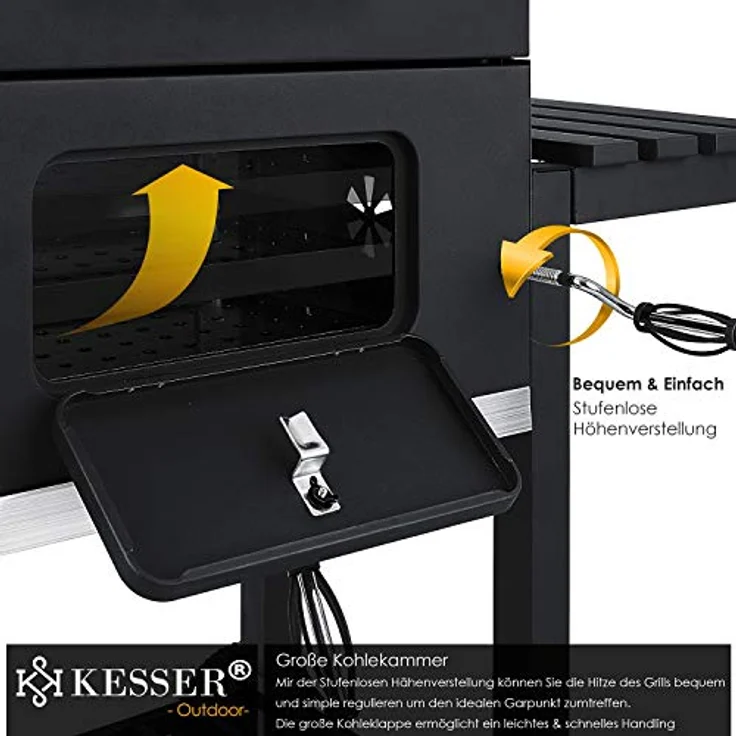 KESSER Grill Grillwagen XXL Holzkohlegrill mit Deckel, Rädern, Edelstahl-Griff, Grillrost und Thermometer Holzkohle kohlegrill Wagen groß Kohle BBQ Barbeque Camping, Terrasse, Garten Schwarz – Bild 5