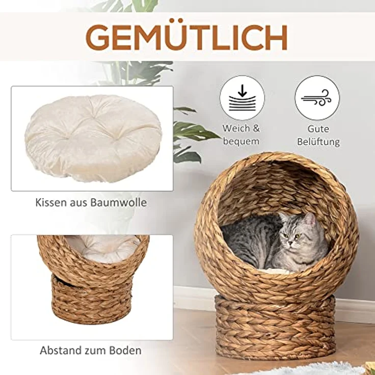 PawHut Rattan Katzenkorb Katzenhöhle Katzenhütte Katzenbett mit Kissen Haustierbett Wasserhyazinthe Hellbraun 50 x 42 x 60 cm – Bild 5